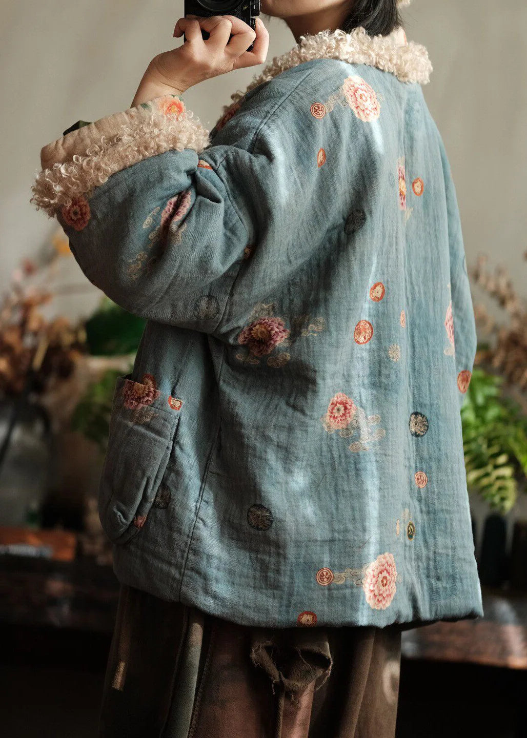 Dame Vinterjakke Patchwork med Lommedesign og Print 4