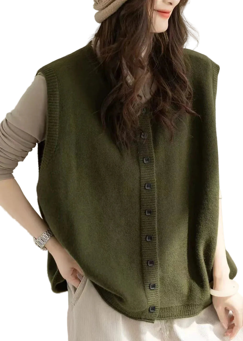 Dame Vintervest Oversized Knappestrikket 0