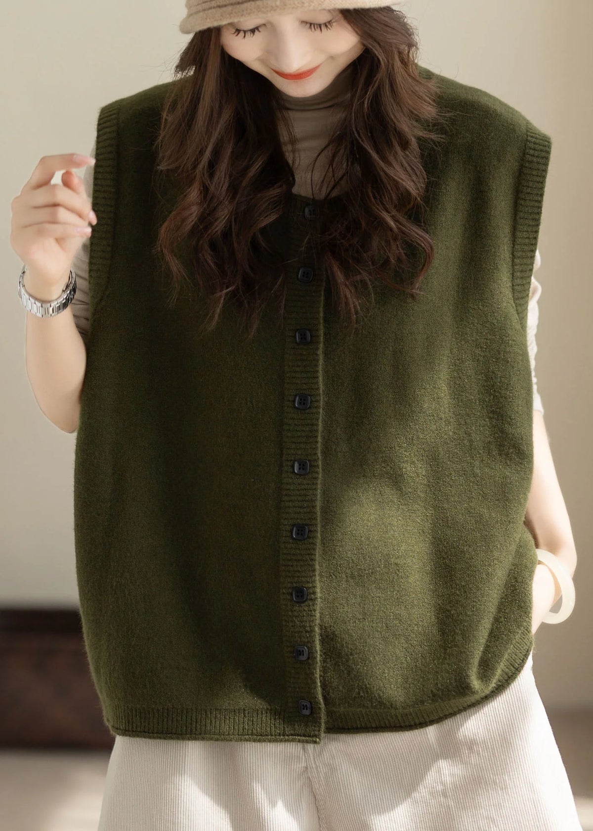 Dame Vintervest Oversized Knappestrikket 1