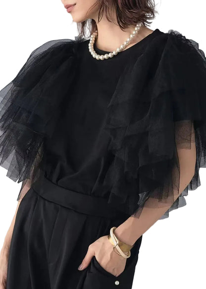 Damebluse med O-hals og Patchwork Design 0