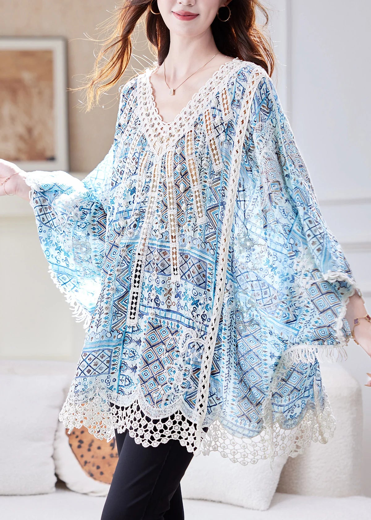 Dames Bluse Løs Patchwork Design med Flagermusærmer 1