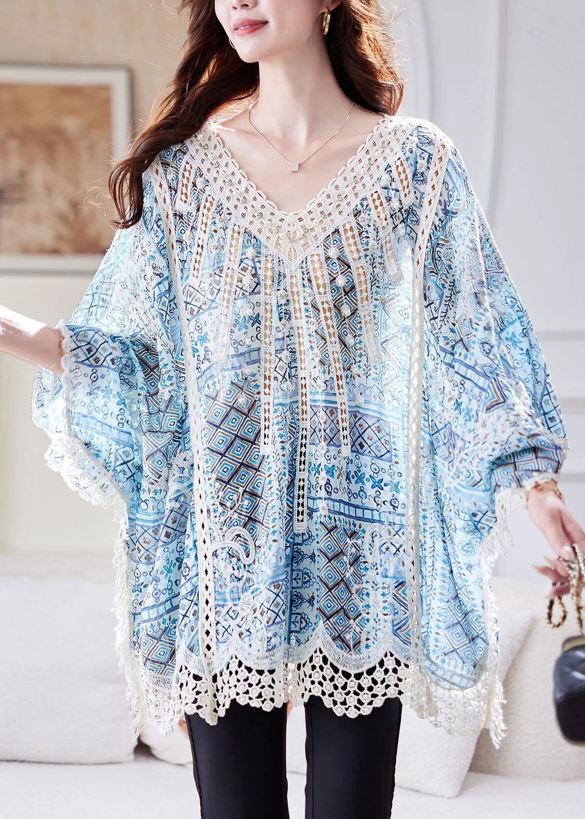 Dames Bluse Løs Patchwork Design med Flagermusærmer 2
