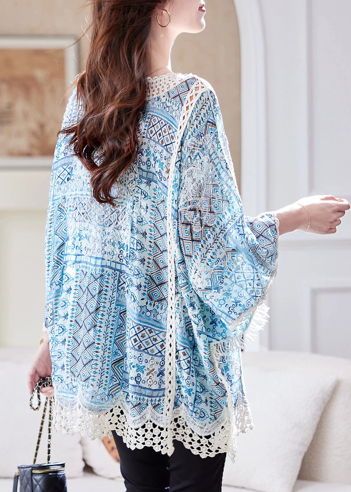 Dames Bluse Løs Patchwork Design med Flagermusærmer 3