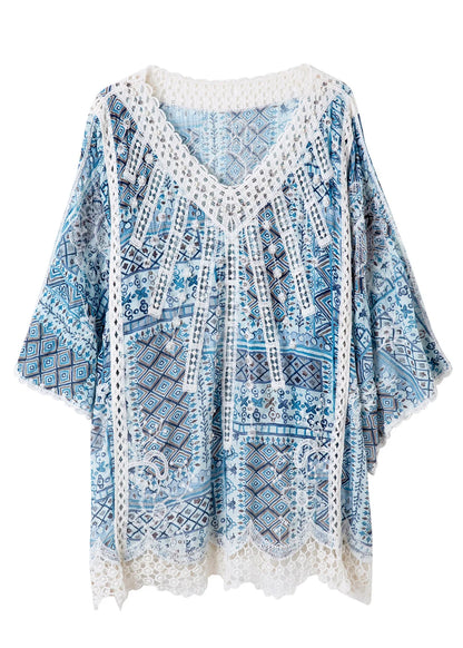 Dames Bluse Løs Patchwork Design med Flagermusærmer 4