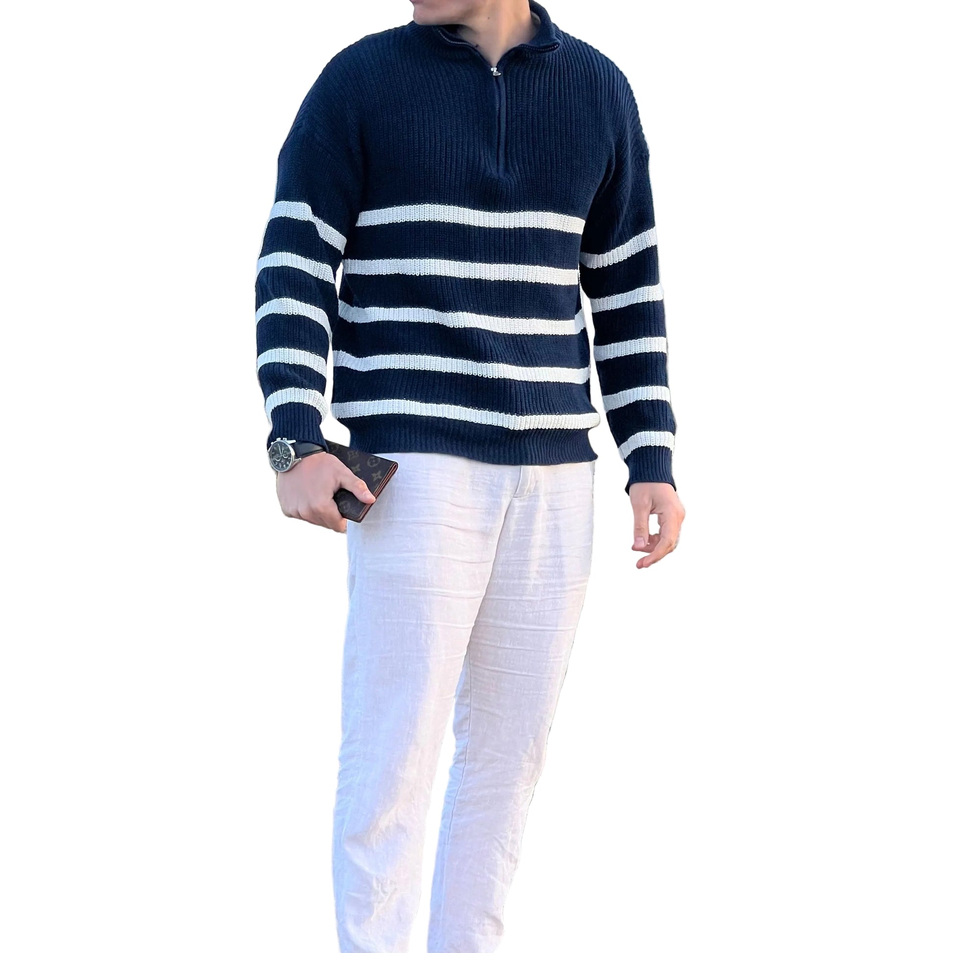 Herre Pullover Sweater Stribet Halv Lynlås Bomuldsblanding 1