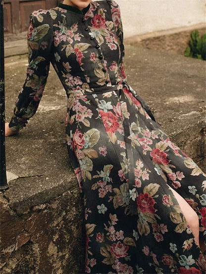 Festkjole Damer Vintage Blomsterdesign Med Forklæde Blødt Stof 1