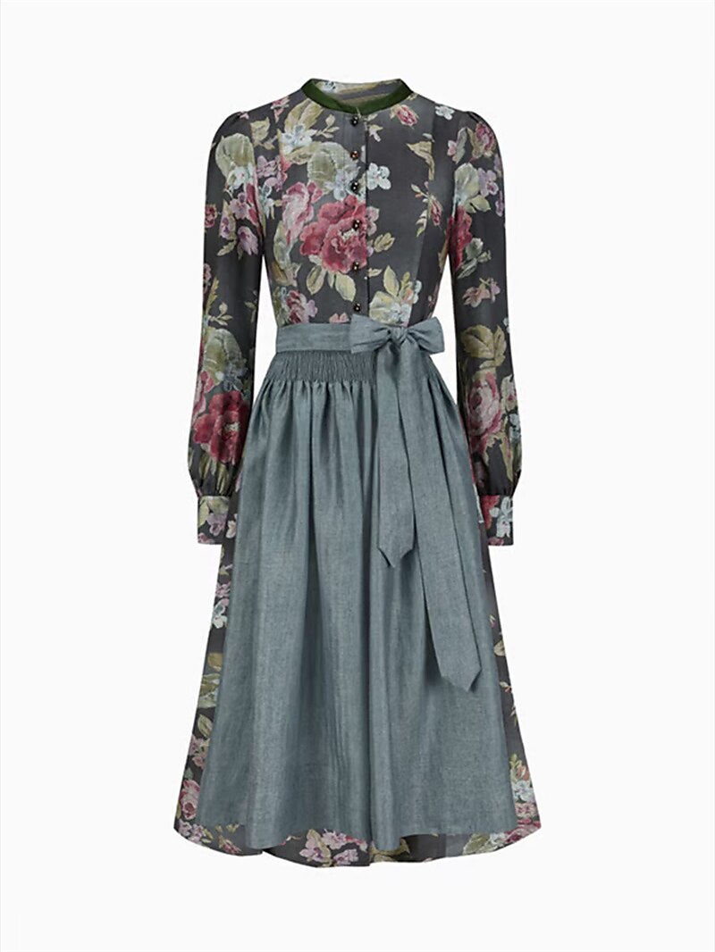 Festkjole Damer Vintage Blomsterdesign Med Forklæde Blødt Stof 4
