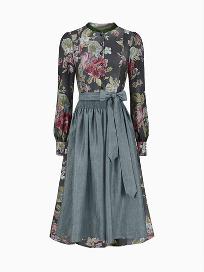 Festkjole Damer Vintage Blomsterdesign Med Forklæde Blødt Stof 4
