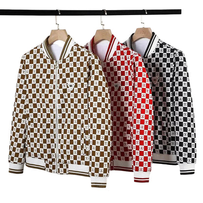 Herre Jakke Retro Checkerboard Design Varsity Style 0