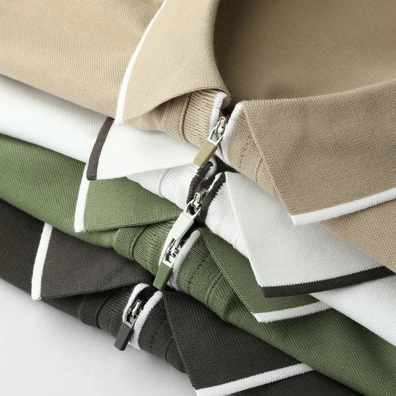 Herre Polo T-Shirt Zip-up Med Kontrastfarvede Ærmer 6