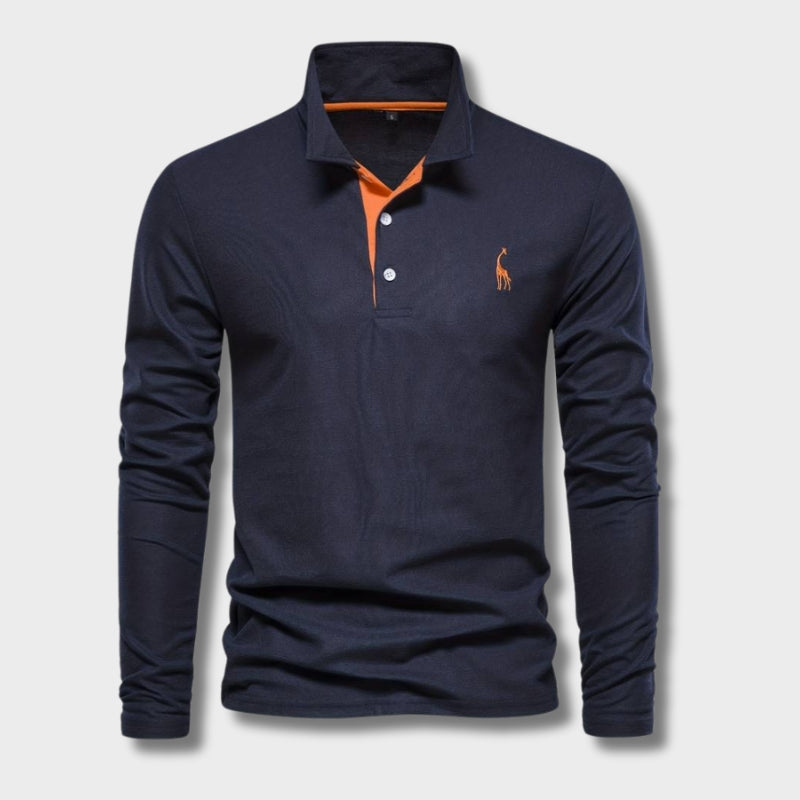 Herre Poloshirt Lange Mouwen Knapkrave 100% Bomuld Med Kontrasterende Detaljer 1