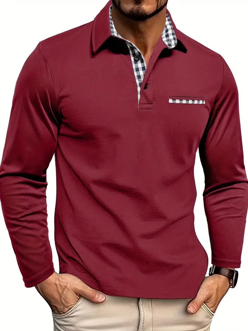 Herre Poloshirt Til Mænd Lange Ærmer Med Ternede Detaljer 1