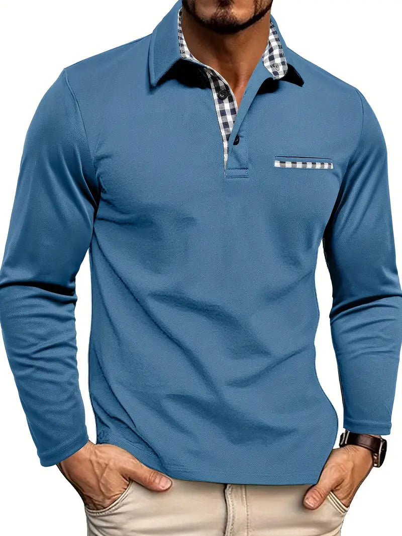 Herre Poloshirt Til Mænd Lange Ærmer Med Ternede Detaljer 3