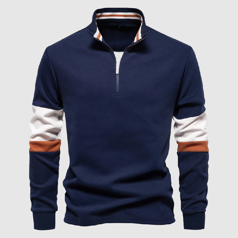 Herre Pullover Patchwork Design med Høj Krave og Kvarte Lynlås 1