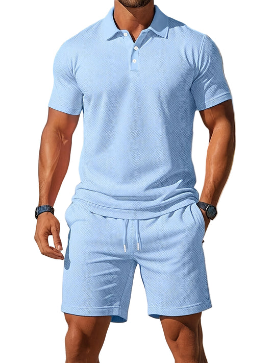 Herre Sommer Sæt Polo og Shorts i Ton-sur-Ton Struktur 0