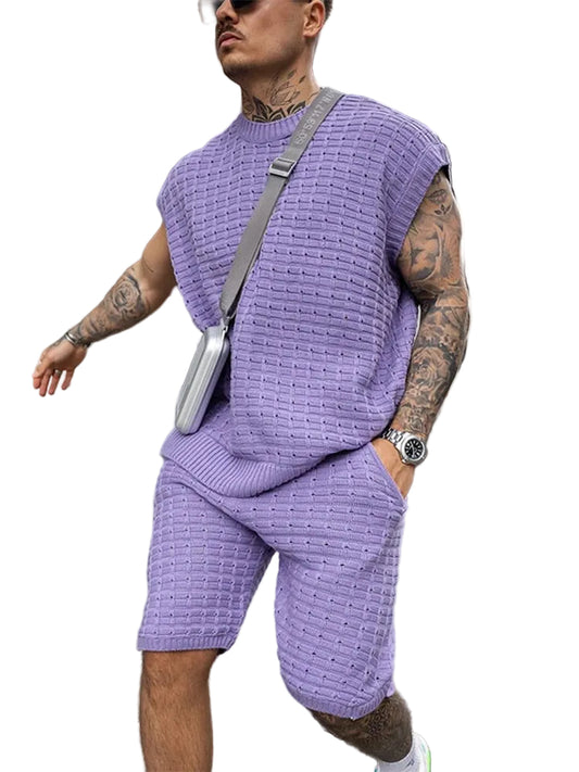 Herre Striksæt med Rund Hals og Elastiske Shorts 0