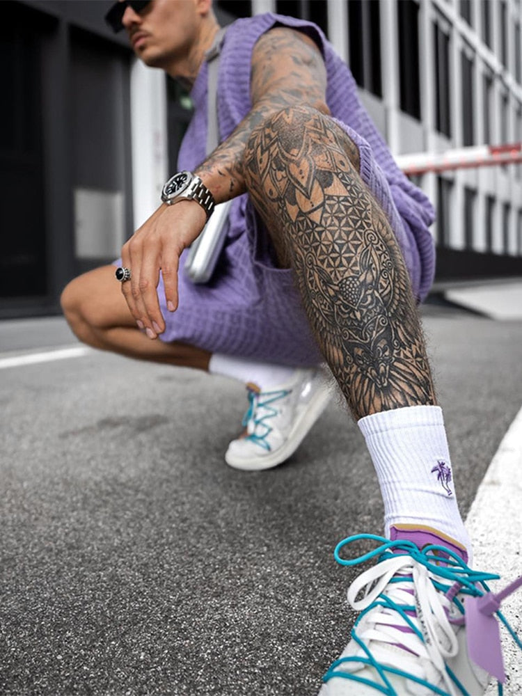 Herre Striksæt med Rund Hals og Elastiske Shorts 1