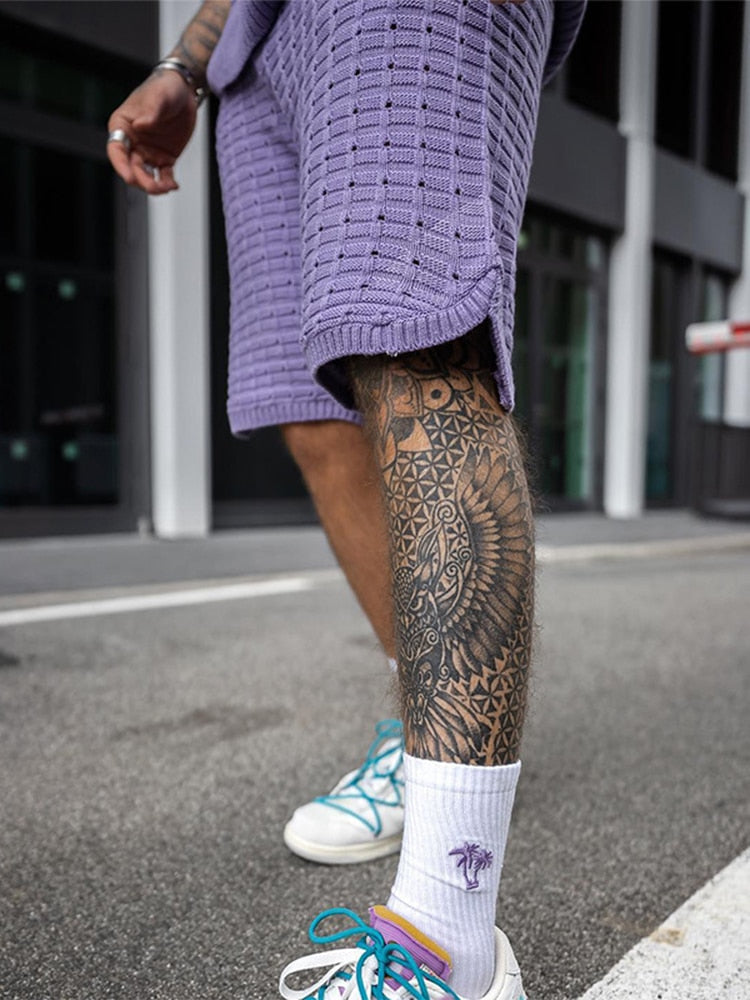 Herre Striksæt med Rund Hals og Elastiske Shorts 2