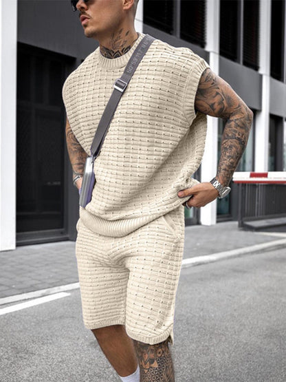 Herre Striksæt med Rund Hals og Elastiske Shorts 4