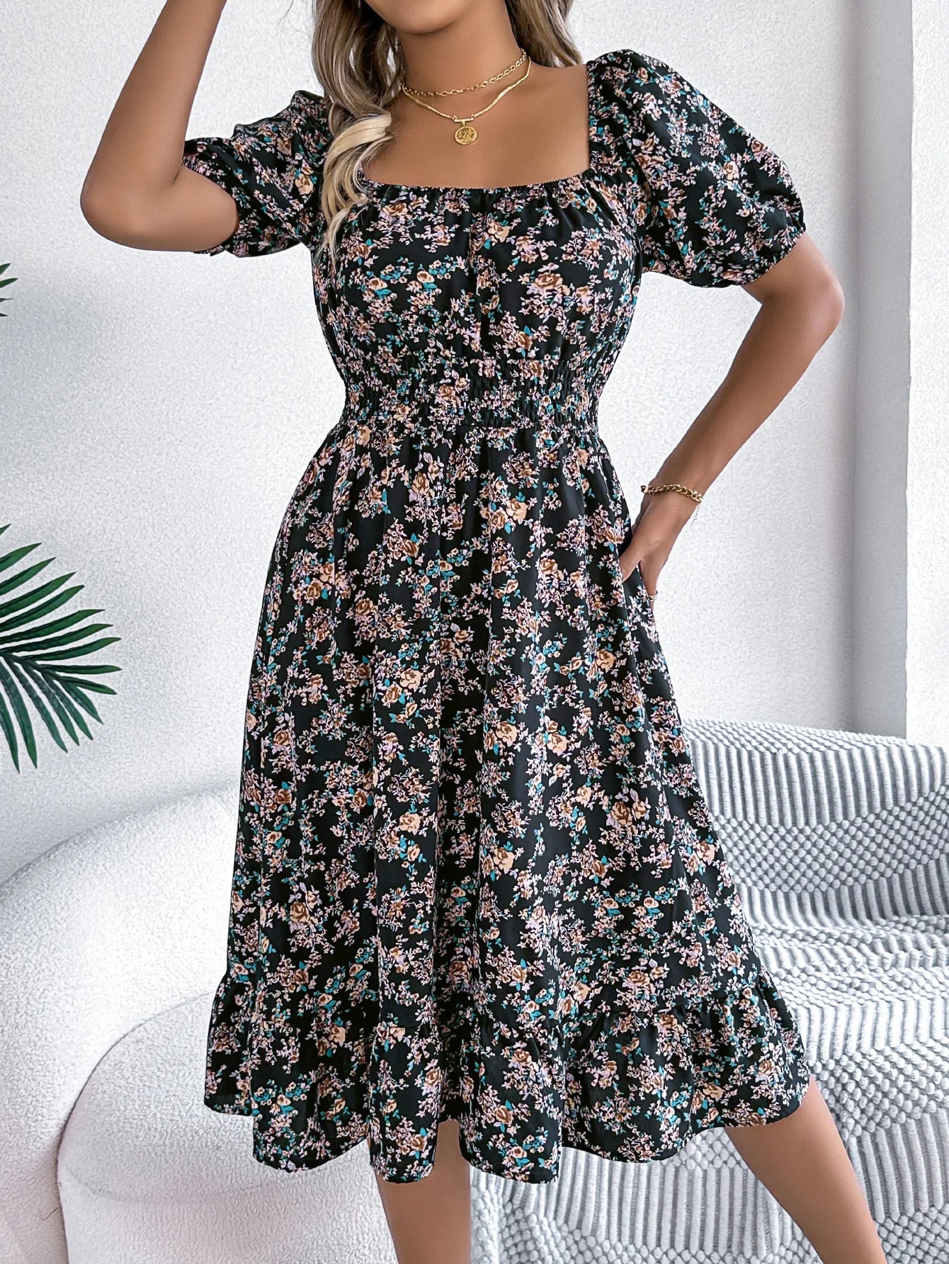 Kvinders A-Line Kjole med Blomsterprint 1
