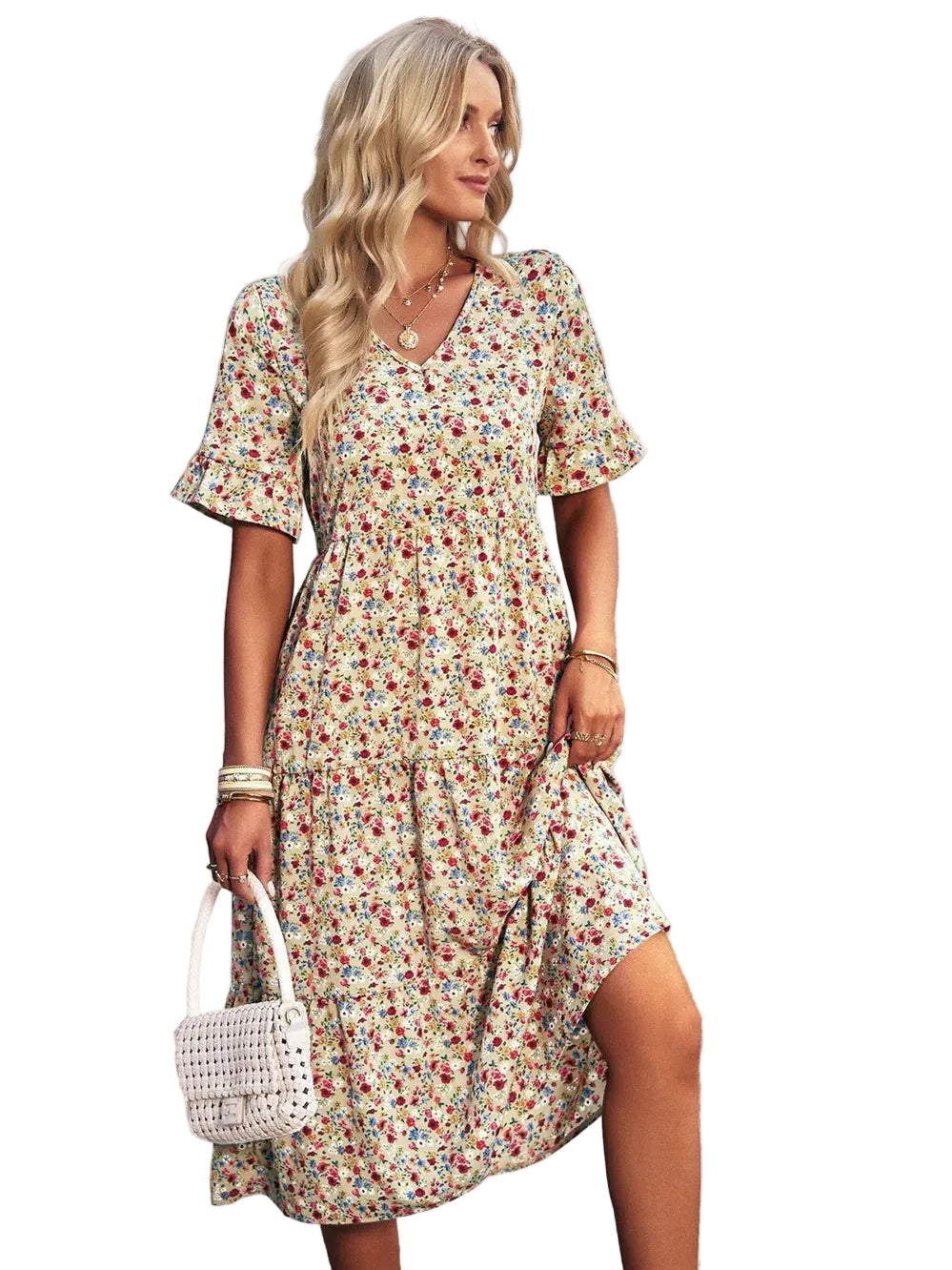 Kvinders A-Line Kjole med V-hals og Blomsterprint 0