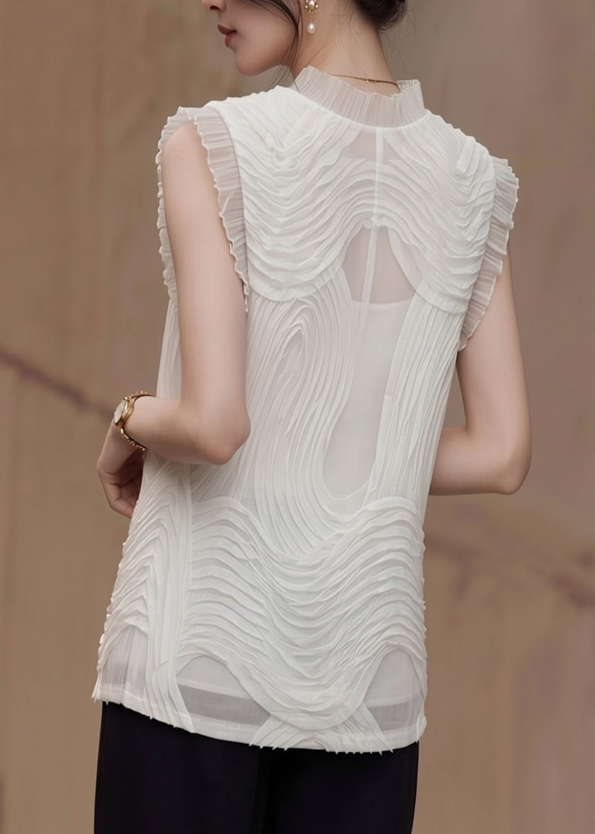 Kvinders Ærmeløs Chiffon Top med Flæser 4