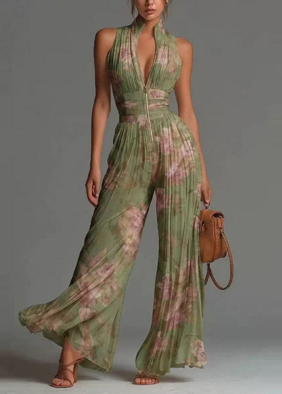 Kvinders Ærmeløs Jumpsuit med Rynket Krave og Blomstermønster 1