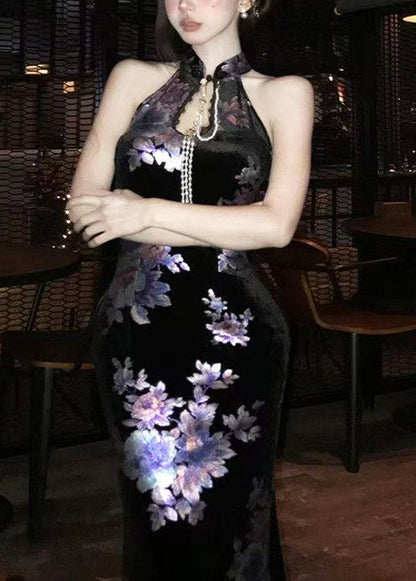 Kvinders Ærmeløs Kjole med Ståkrave og Print i Kinesisk Stil 1