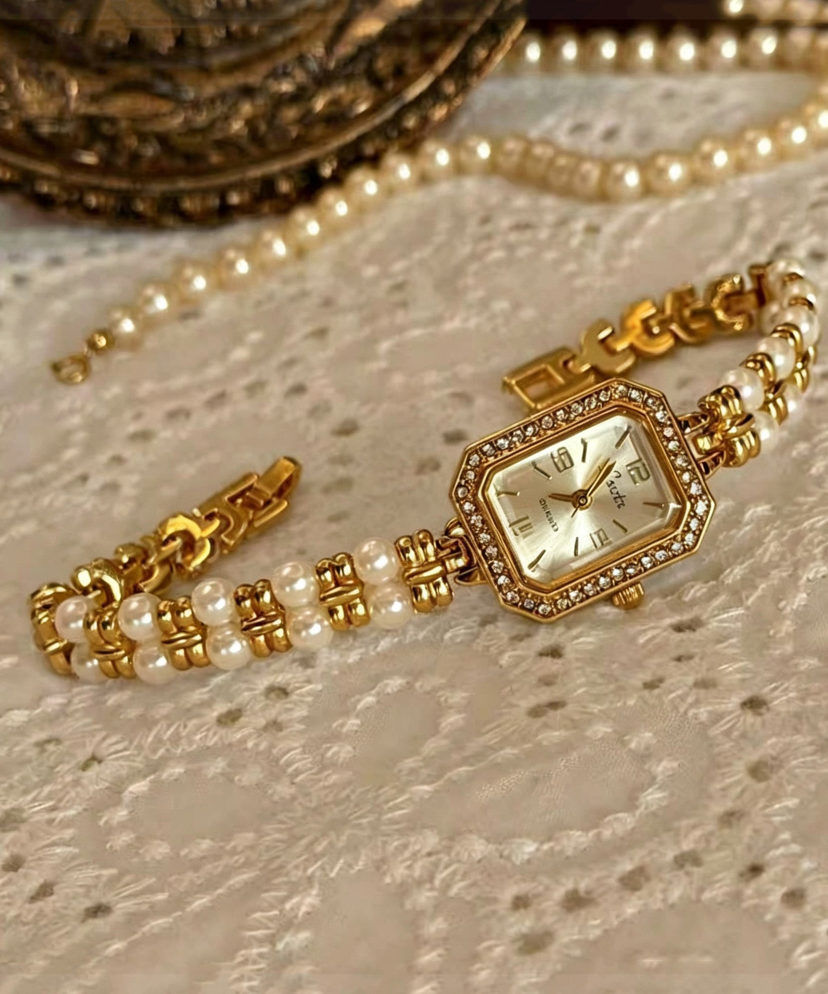 Kvinders Armbåndsur med Perle og Zirkon Detaljer 0