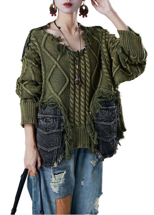 Kvinders Asymmetrisk Denim Sweater i Patchwork Stil 0