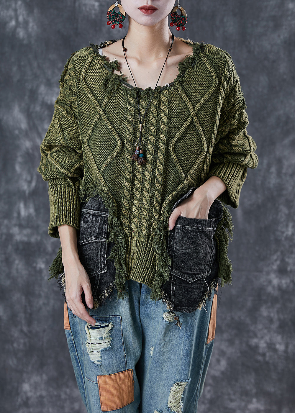 Kvinders Asymmetrisk Denim Sweater i Patchwork Stil 1