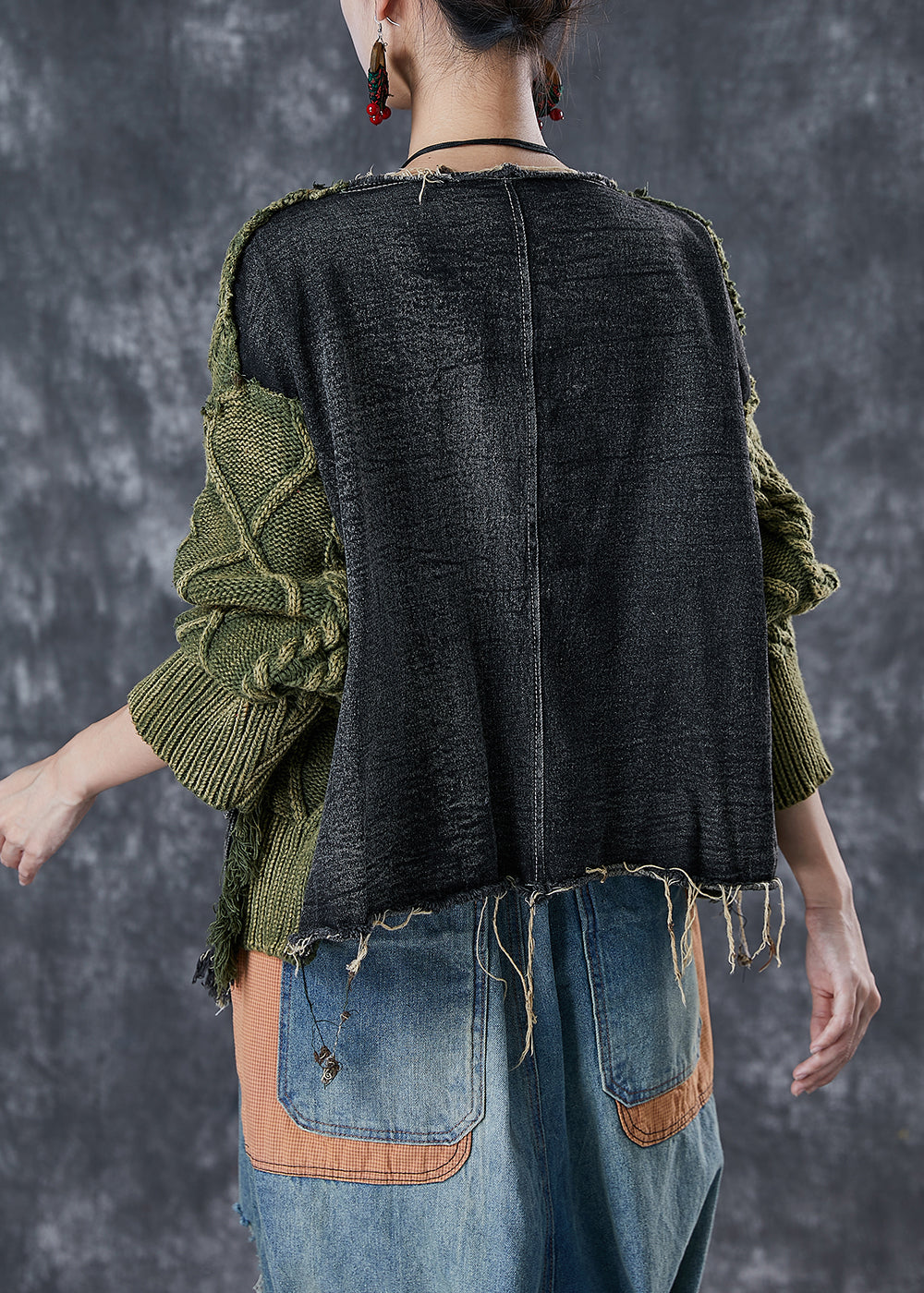 Kvinders Asymmetrisk Denim Sweater i Patchwork Stil 3