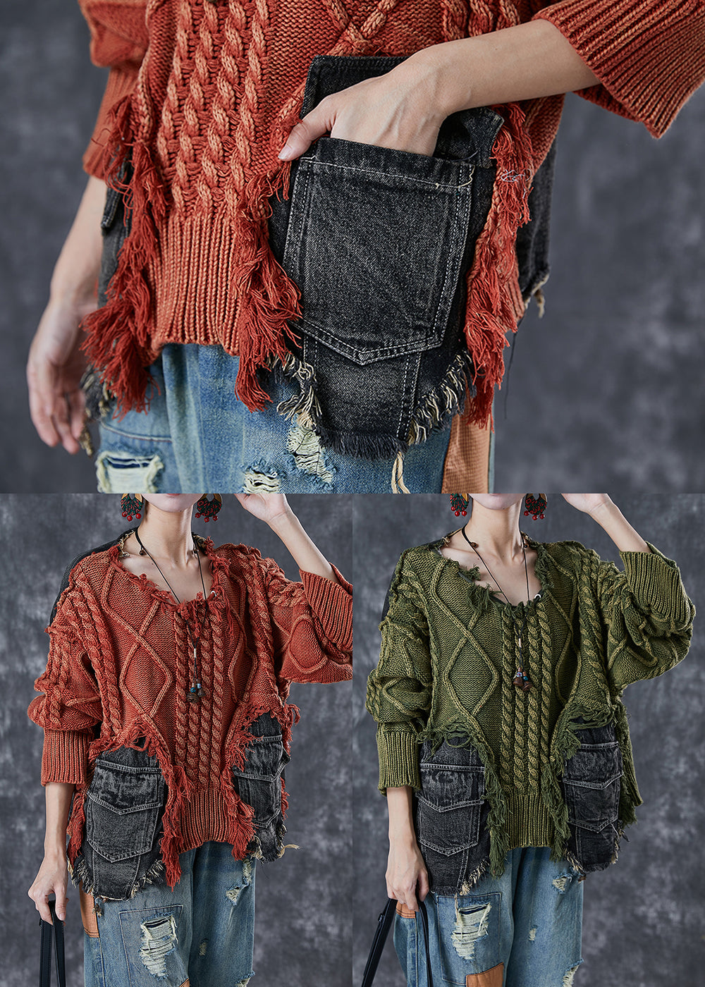 Kvinders Asymmetrisk Denim Sweater i Patchwork Stil 4