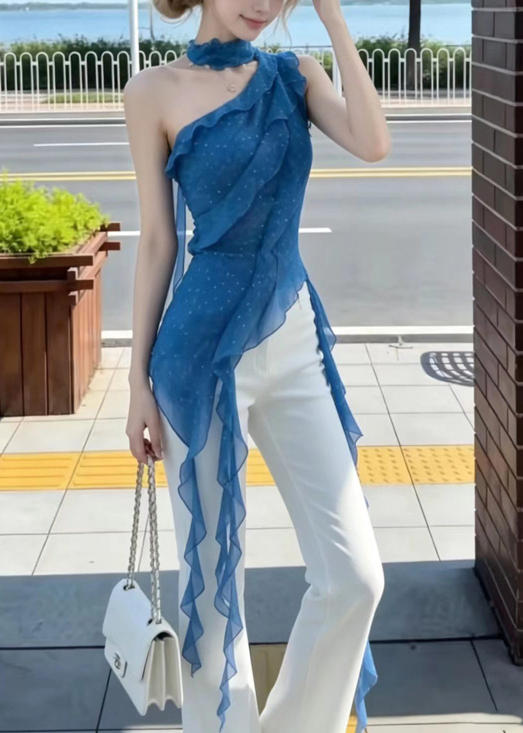Kvinders Asymmetrisk One Shoulder Tanktop med Prikker 2