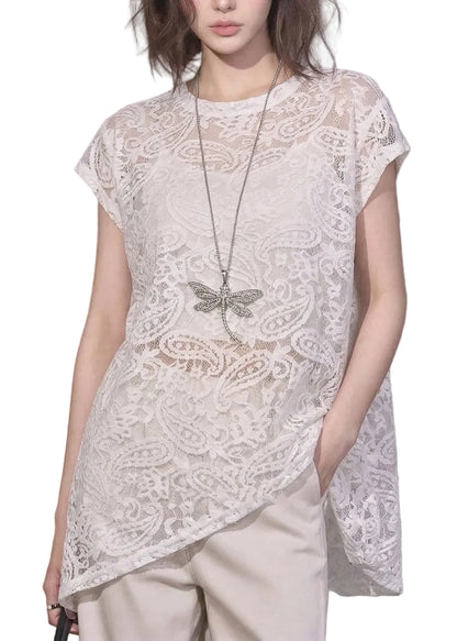 Kvinders Asymmetrisk T-shirt med Blonde Detaljer 0