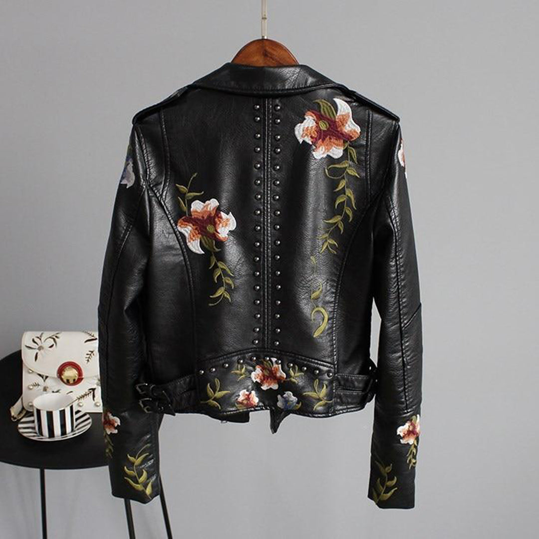 Kvinders Bikerjakke med Blomsterdesign 1