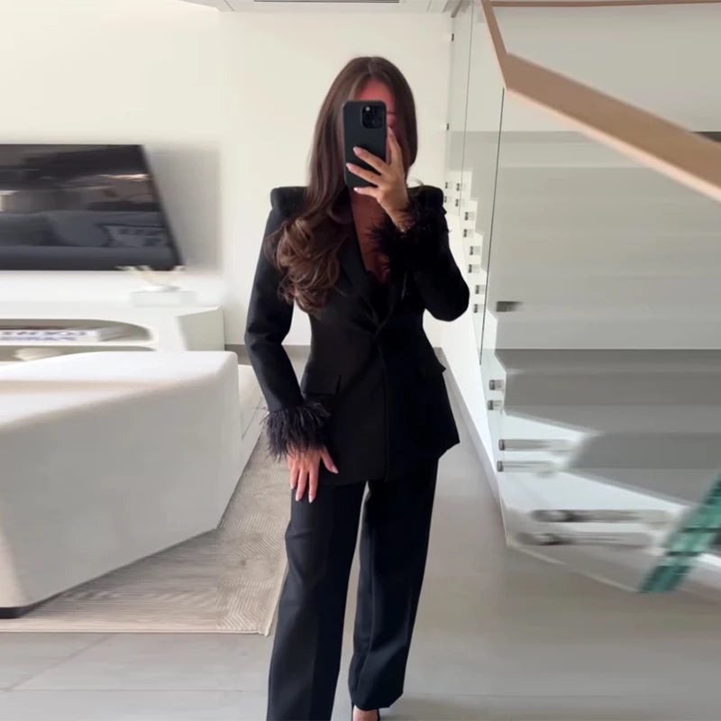 Kvinders Blazer Bukser Sæt med Revers 11
