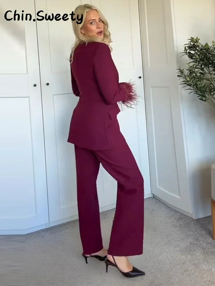 Kvinders Blazer Bukser Sæt med Revers 3