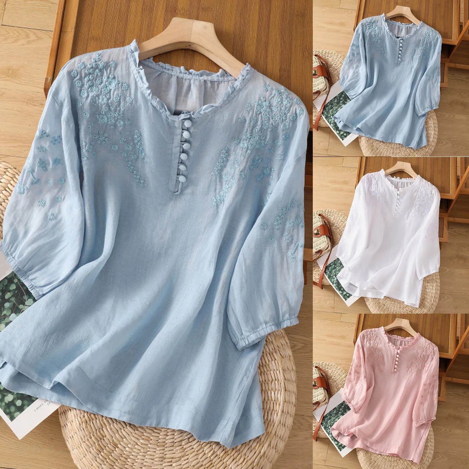 Kvinders Blomsterbluse med Knap Front 4
