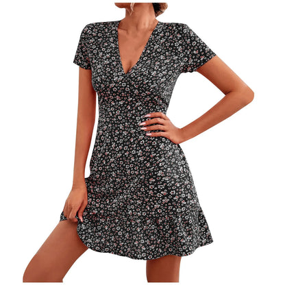 Kvinders Blomsterprint V-hals Kjole Casual Kort 1