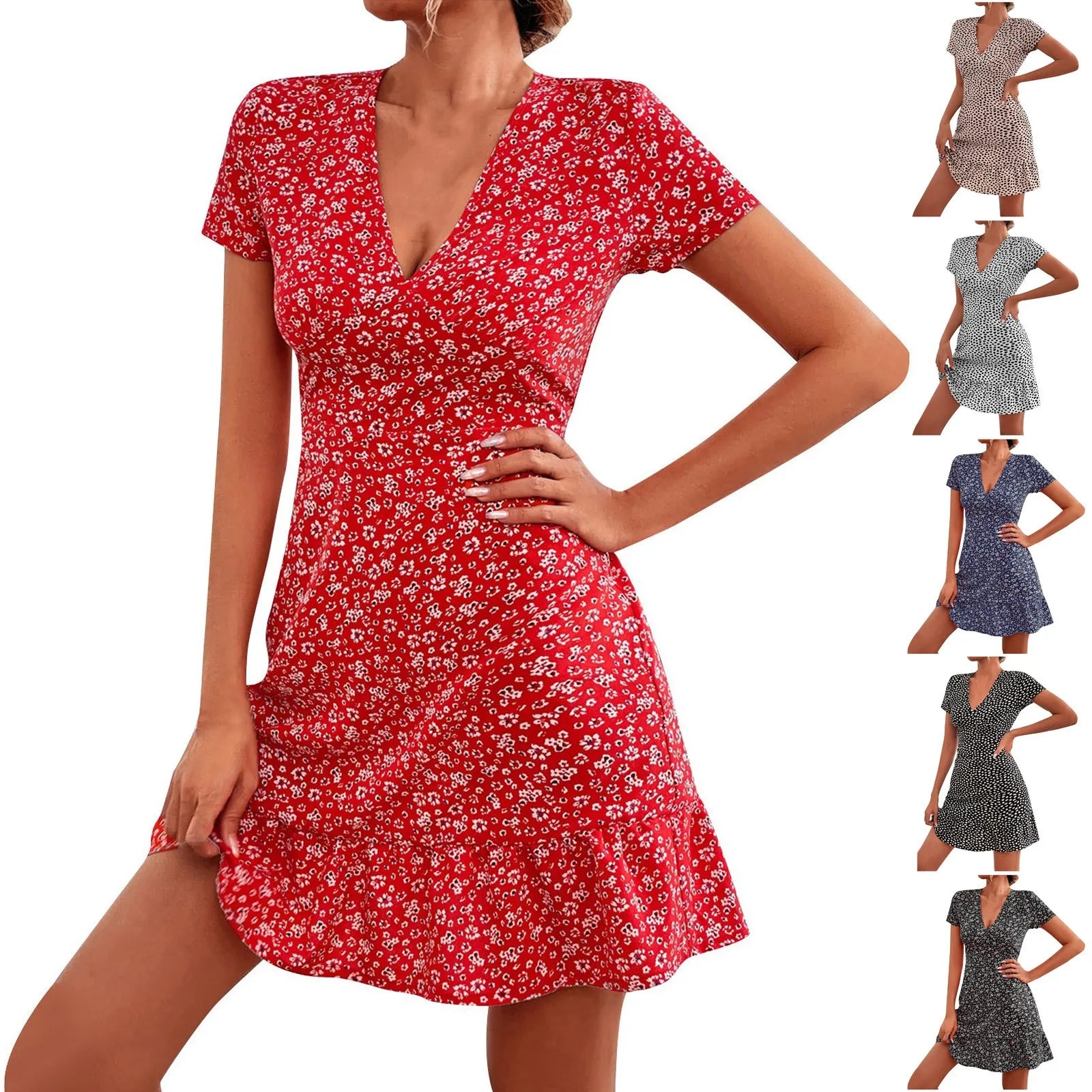 Kvinders Blomsterprint V-hals Kjole Casual Kort 4