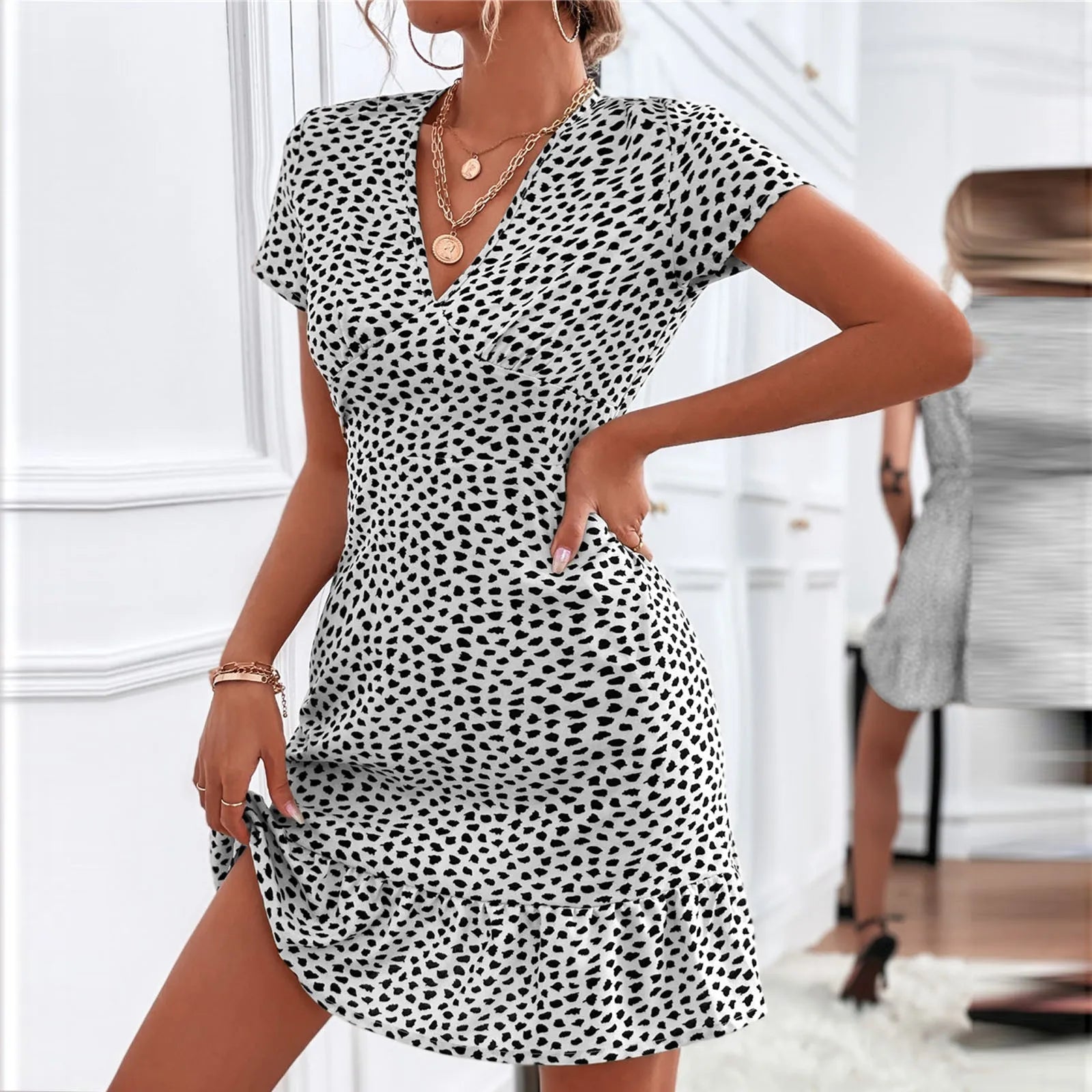 Kvinders Blomsterprint V-hals Kjole Casual Kort 7