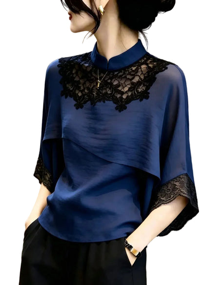 Kvinders Blonde Bluse med Stående Krave og Patchwork Design 0