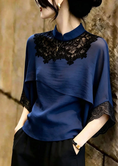 Kvinders Blonde Bluse med Stående Krave og Patchwork Design 4