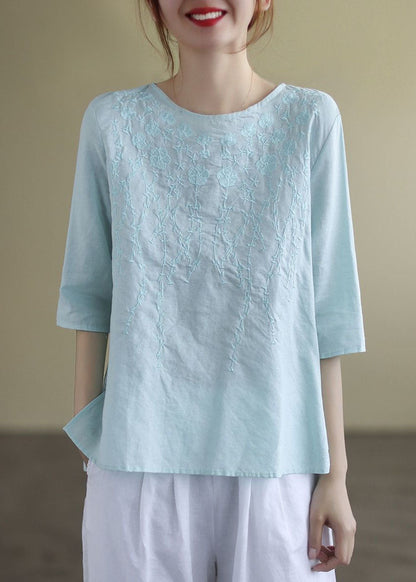 Kvinders Bluse O-Hals med Broderi og Halværmet Design 1