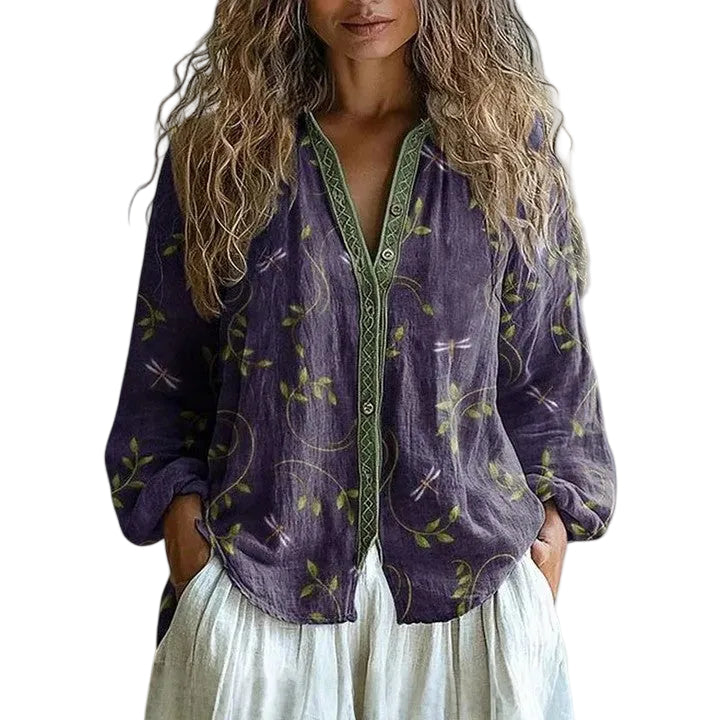 Kvinders Bluse Retro Bladprint Moderne Snit 0