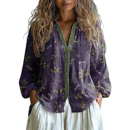 Kvinders Bluse Retro Bladprint Moderne Snit 0