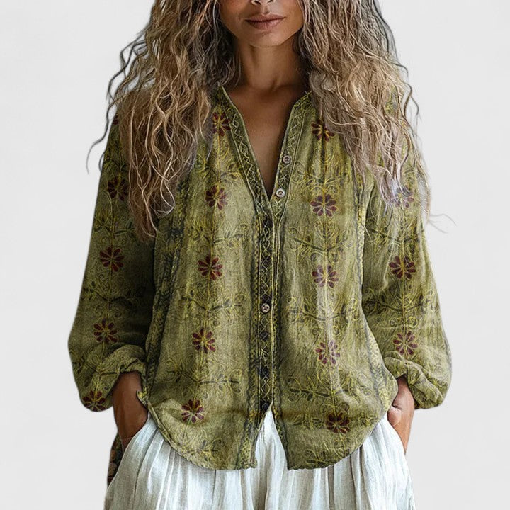 Kvinders Bluse Retro Bladprint Moderne Snit 2