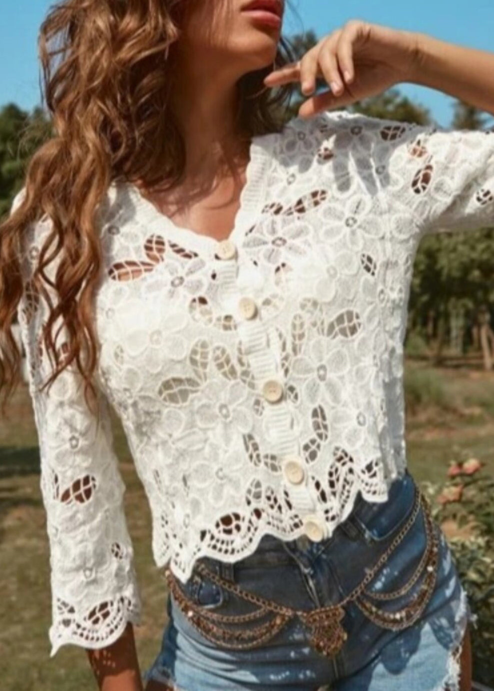 Kvinders Bluse med Button Down og Hollow Out Detaljer 3