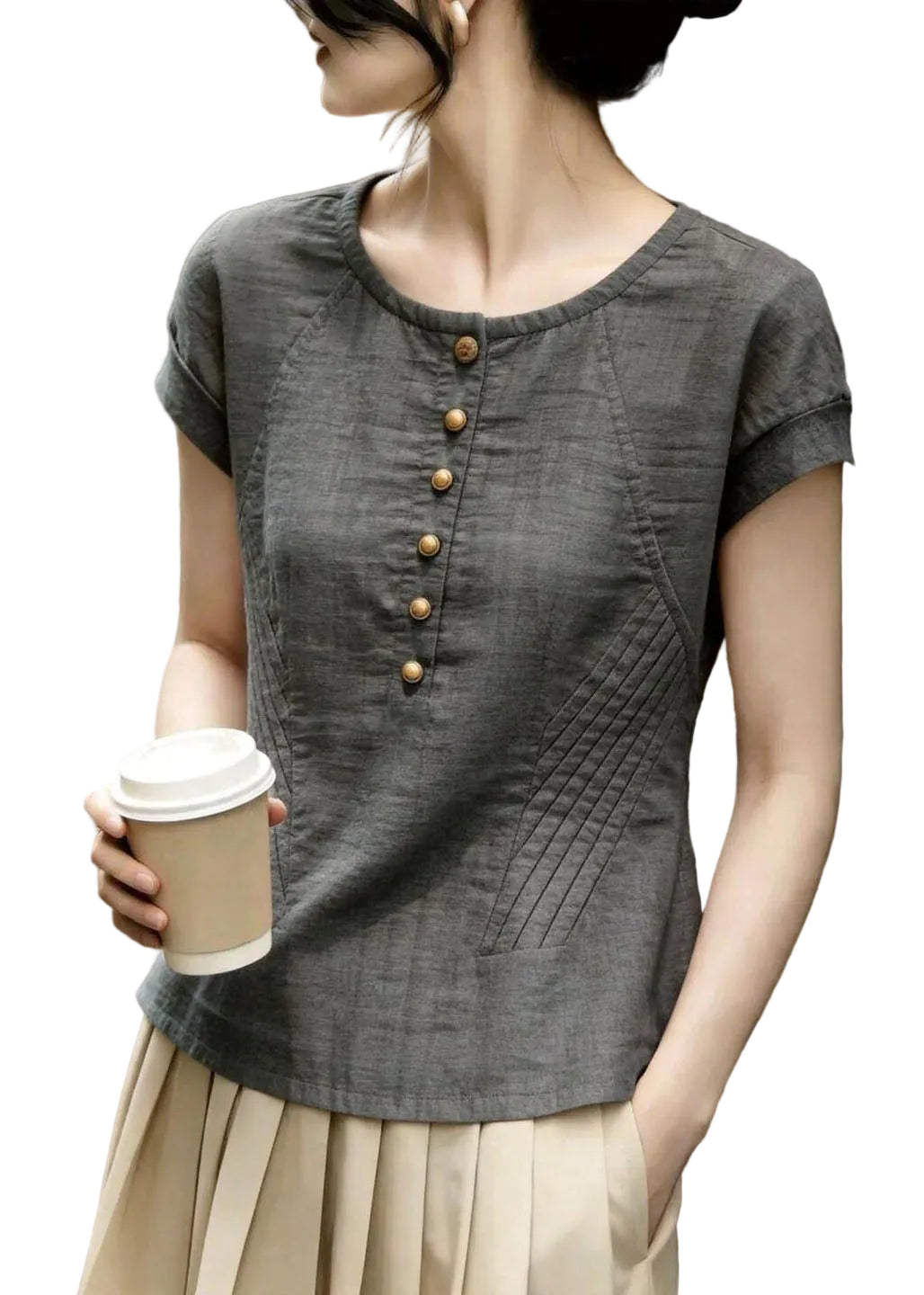 Kvinders Bluse med O-hals og Rynket Design Plus Size 0